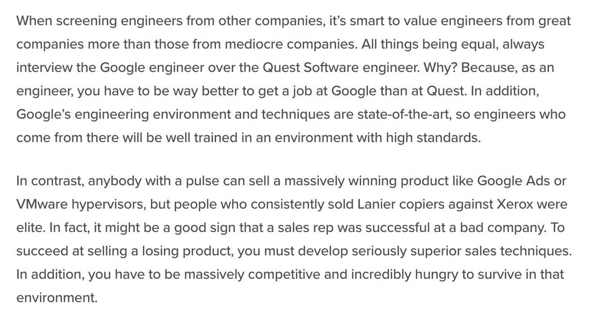 ベンホロウィッツ

エンジニアは過去在籍企業のロゴが良いところから採用せよ
営業は過去在籍企業のロゴが良くないところから採用せよ