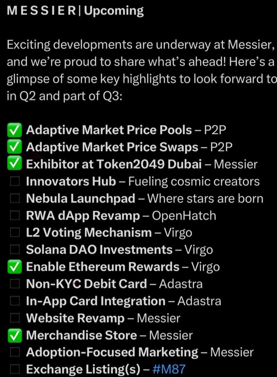 With the improvement of our #VirgoDao reward system, we can check off another item on our #Roadmap. ✅ 

#M87 developers and team are working around the clock to deliver you the finest #Dapps and improvements! 

What would be the next item to cross of this list 👀?
