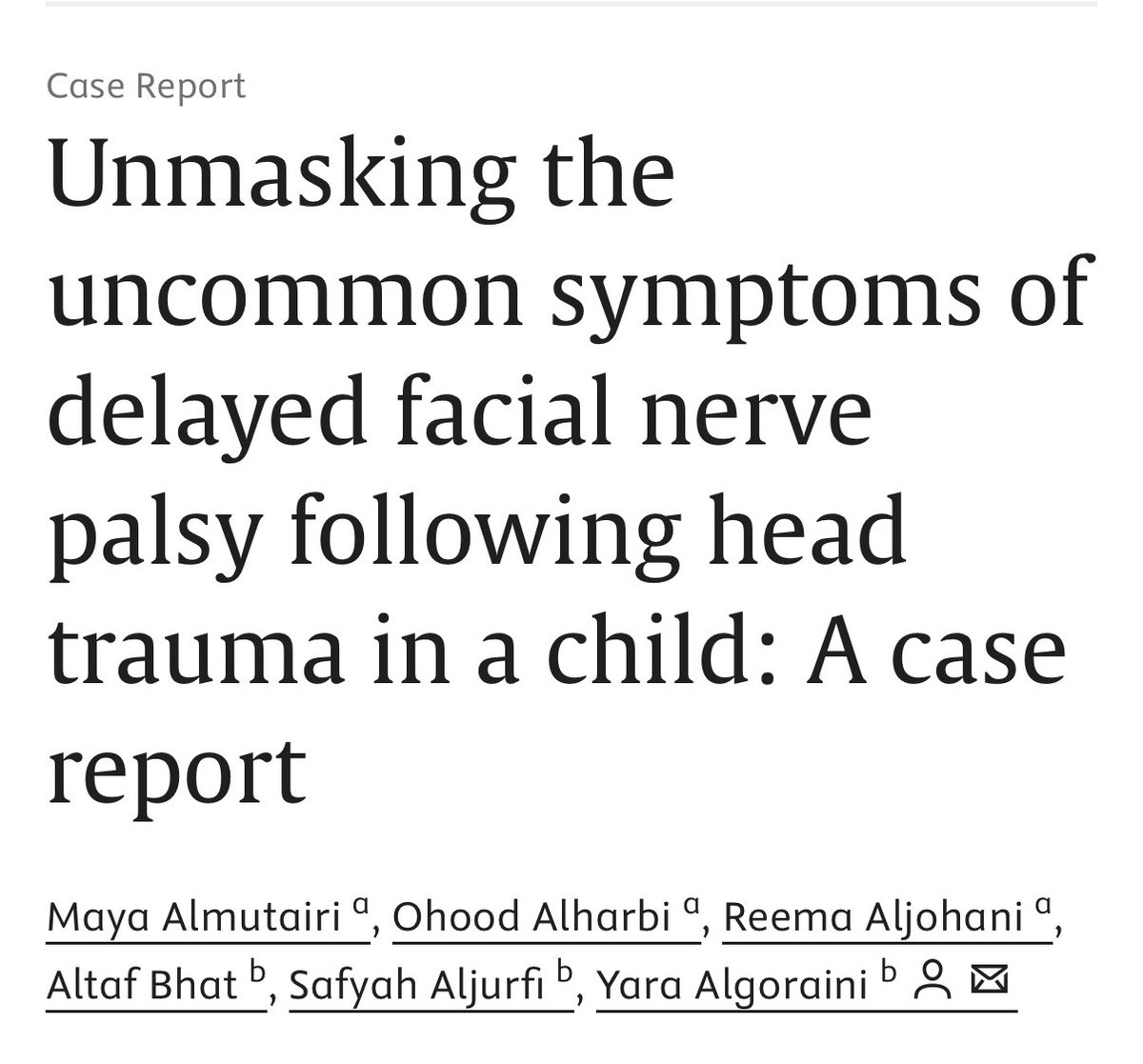 Yara AlGoraini (@yaraalgoraini) on Twitter photo Just published in Radiology Case Reports
A rare case of delayed facial nerve palsy in a child post head trauma..highlighting the need to recognize late-onset neuro signs.
Early diagnosis = better outcomes.
Proud to share this with the great team!👏🏻👏🏻👏🏻
 
<a href="/dr_safeya/">Dr.Safeya</a> 
 <a href="/altafbhat/">Altaf</a> Just published in Radiology Case Reports
A rare case of delayed facial nerve palsy in a child post head trauma..highlighting the need to recognize late-onset neuro signs.
Early diagnosis = better outcomes.
Proud to share this with the great team!👏🏻👏🏻👏🏻
 
<a href="/dr_safeya/">Dr.Safeya</a> 
 <a href="/altafbhat/">Altaf</a>