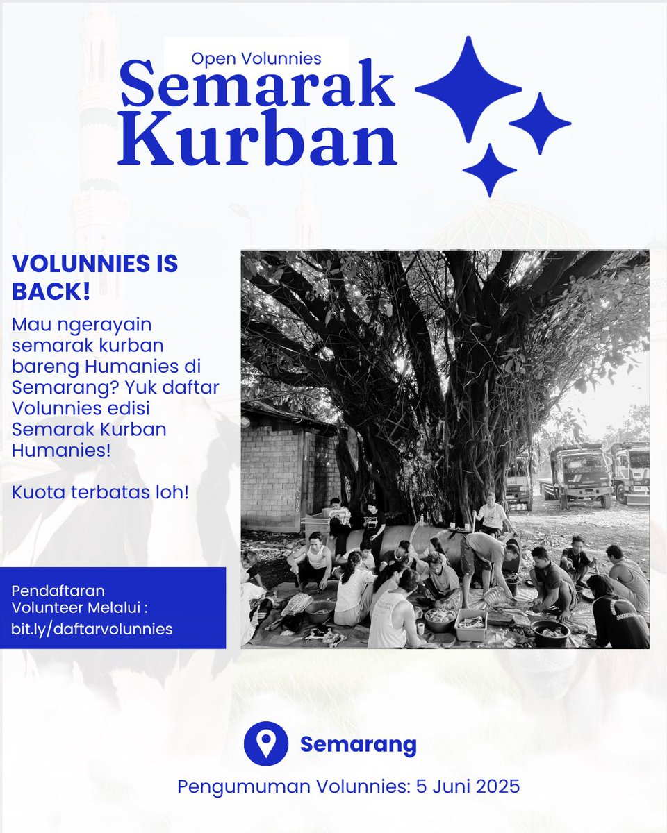 Mana nih Semarang suaranya?🥳  Buat kamu yang bingung mau ngapain di hari Idul Adha, kamu bisa ikut Volunnies Edisi Semarak Kurban pada:

Tanggal: 5-6 Juni 2025
Titik Kumpul: Tembalang

Untuk daftar, kamu bisa isi data diri lewat link di bawah ini ya!

bit.ly/daftarvolunnies