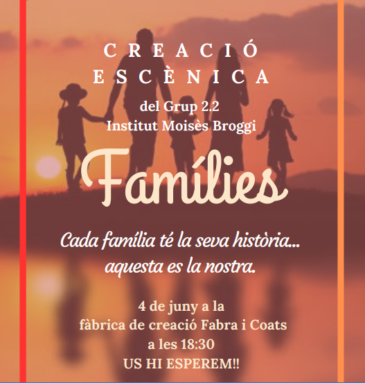 Demà dimecres 4 de juny a les 18.30 h, el grup de 2n d'ESO estrenarà la seva obra FAMÍLIES a la Fàbrica de Creació Fabra i Coats,  Amb coreografía de Bea Fernández de La Poderosa i direcció d'Iman Khurram i Martina Viñas.
...
#lapoderosa <a href="/fabraicoatsbcn/">Comunicació Fabra i Coats</a>