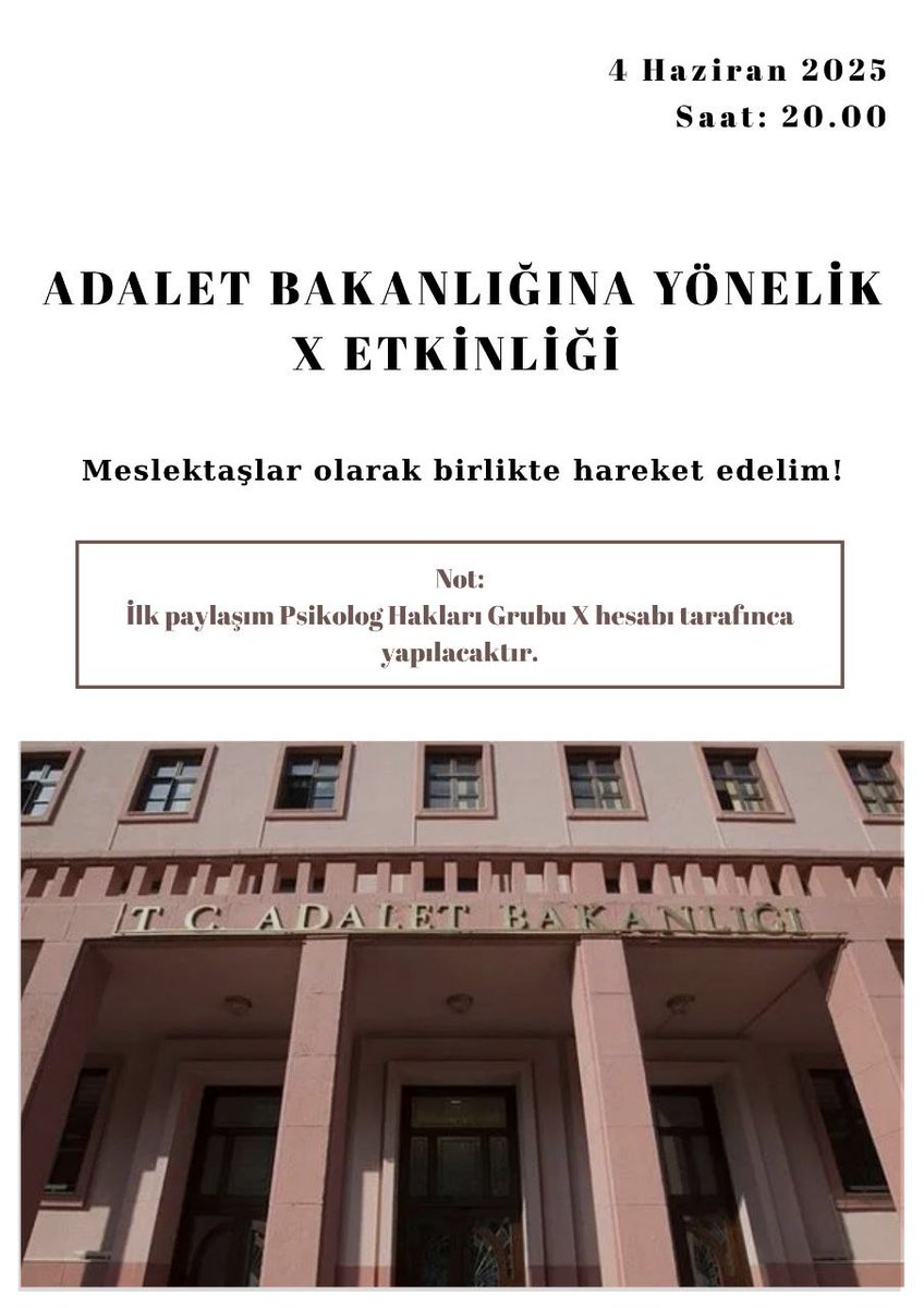 Bu akşam 20.00'de, Adalet Bakanlığı'ndaki psikolog istihdamına yönelik bir X etkinliği gerçekleştireceğiz! Bütün meslektaşlarımızın desteği bizim için önemlidir.