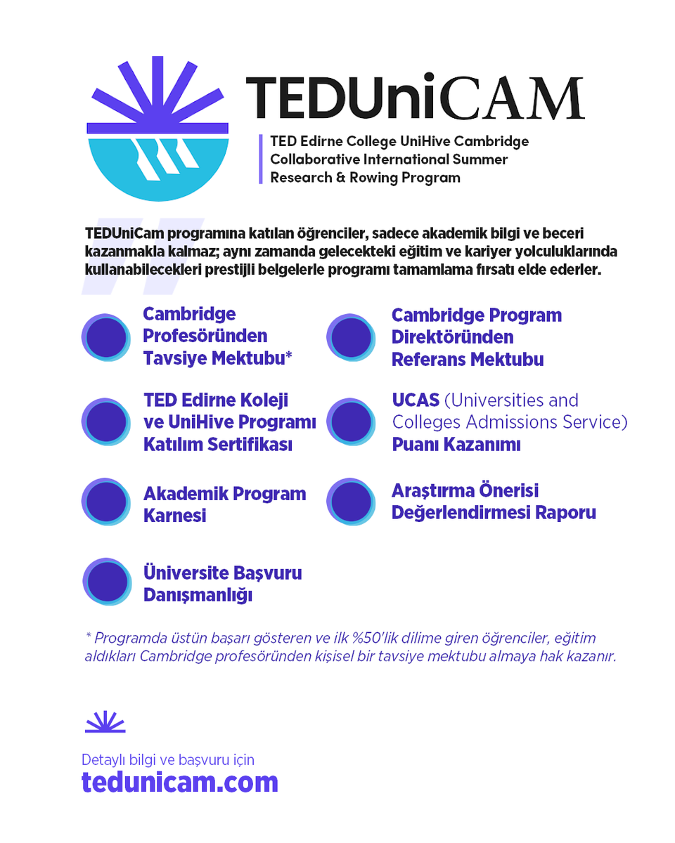 #TEDUniCam Uluslararası Yaz Okulu, öğrencilere #CambridgeÜniversitesi profesörlerinden birebir eğitim alma, seçtikleri alanda uluslararası düzeyde bir araştırma projesi yürütme ve bu süreci prestijli belgelerle belgeleyerek akademik portföylerini güçlendirme fırsatı sunuyor.