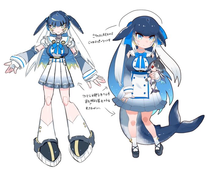 リヴィアタン・メルビレイモチーフの子、リヴィちゃんです(右側が旧デザ)
でかい🦈オタクのかわいい女の子だぞ! 