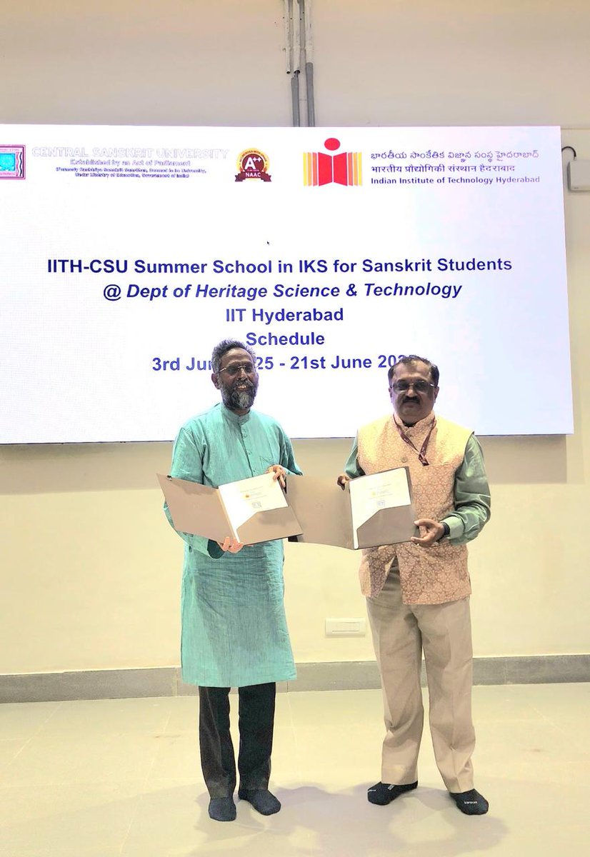 CentralSanskrit's tweet photo. The training program & MoU of CSU with IIT Hyderabad is mission towards NEP 2020 -VC Prof Varakhedi
-Prof Ajay Kumar Mishra @ProfAjayMishra
#Convener Media Cell & IKS Cell Official,CSU,Delhi.
The 21-day CSU #SummerSchool was inaugurated at the IIT Hyderabad campus with the signing of an #MoU between Central Sanskrit University (#CSU),Delhi and IIT ,Hyderabad on 3rd June 2025.
The MoU was signed in the presence of Prof Srinivasa Varakhedi, #ViceChancellor, Central Sanskrit University( CSU),Delhi & Prof. B. S. Murty, #Director of IIT Hyderabad, along with Dr. Mohan Raghavan and Dr. Ramakrishna from the Department of Heritage Science. The department is undertaking several innovative projects that integrate Indian Knowledge Systems (#IKS) with modern technology.
As per official intimation approximately 40 participants from across the country are attending this summer school. During this program, they will receive training in various domains including Indian Knowledge Traditions, technical sciences, coding, research, and teaching pedagogy, providing them a unique and research oriented opportunity to explore the intersection of tradition and technology.
A noted schlolar of computional Sanskrit and linguist as well as globally known for his traditional knowledge and wisdom of Nayay Shastra ,the Hon'ble Vice Chancellor(CSU),Delhi, Prof Srinivasa Varakhedi of Central Sanskrit University ( CSU), Delhi has remarked that it may be a prolific initiative towards the successful mission of NEP-2020 and will divulge the Shastric power of Sanskrit and its promotion . It is an urnest demand for multifaceted pedagogical investigation.
The authorites of IIT Hyderabad have also sounded that the MoU will be a milestone.
@ugc_india @IKS_Media @NSUTirupati
@vishwavidalaya @SamPromotion
@samskritbharati @makeinindia @ANI @PIB_India
@PTI_News @DDNewslive
@airnewsalerts @_DigitalIndia @slbsnsu @_DigitalIndia @ANI @PIB_India @PTI_News @EduMinOfIndia @AmritMahotsav @PMOIndia @rashtrapatibhvn @EduMinOfIndia @MIB_India @sahityaakademi @SamPromotion @samskritbharati @nbt_india @thatsTamil @JNU_official_50 @jmiu_official @UniofDelhi @IndicaOrg @IITHyderabad @iitbombay @iitmadras @IITMZanzibar