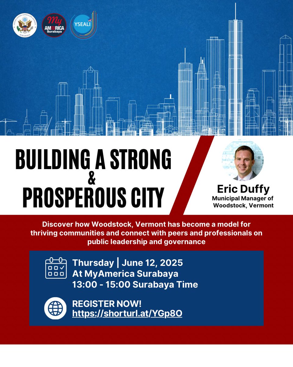 🏙️ What Makes a City Strong and Thriving?

Join us for an exciting guest lecture: “Building Strong and Prosperous Cities” with Eric Duffy, Municipal Manager of Woodstock, Vermont 🇺🇸

✨ Part of the YSEALI PFP Reciprocal Exchange Program

🗓️ June 12 | 13:00–15:00 (Surabaya Time)