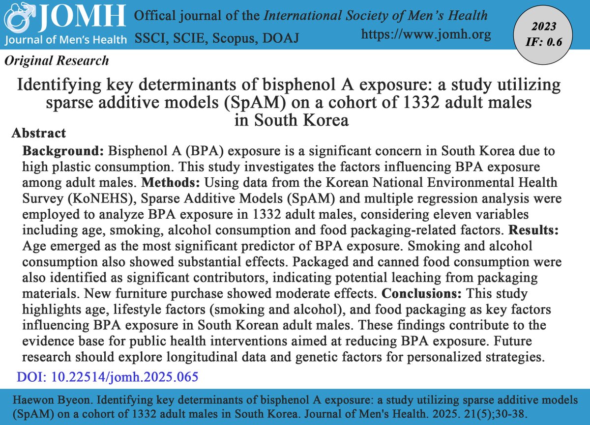 JOMH_2004's tweet image. 🥳🆕Identifying key determinants of bisphenol A exposure: a study utilizing sparse additive models (SpAM) on a cohort of 1332 adult males in South Korea
🔓jomh.org/articles/10.22…
#BisphenolA; #SparseAdditiveModels; #EnvironmentalExposure; #PublicHealth