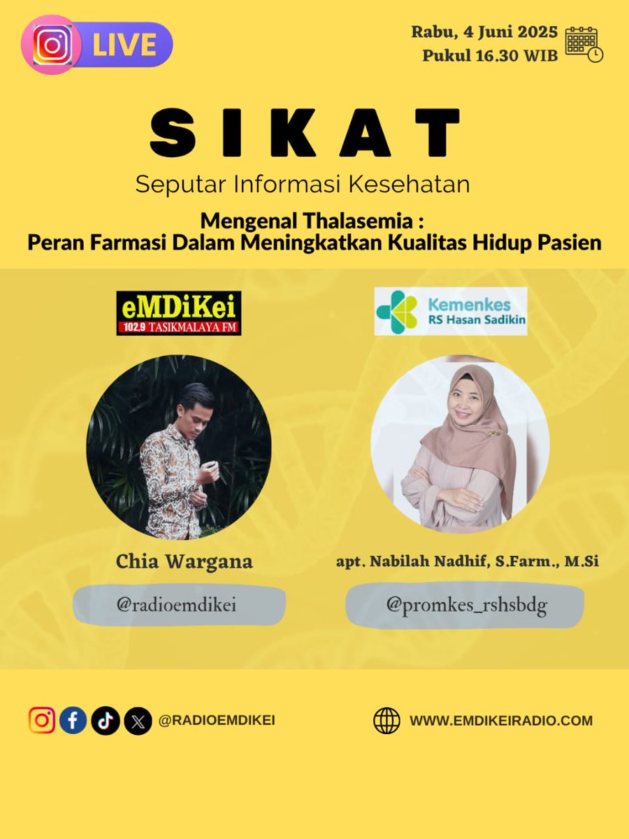 RSHS BANDUNG (@rshsbdg) on Twitter photo Halo #SobatSomeah .. ikuti talkshow liveIG bersama <a href="/radioemdikei/">102.9 FM eMDiKei</a> dalam SIKAT - Seputar Informasi Kesehatan. Kali ini akan membahas #Thalasemia, bersama narasumber apt. Nabilah Nadhif, S.Farm., M.Si dari #RSHS
π Rabu, 4 Juni 2025
π° 16.30 WIB Halo #SobatSomeah .. ikuti talkshow liveIG bersama <a href="/radioemdikei/">102.9 FM eMDiKei</a> dalam SIKAT - Seputar Informasi Kesehatan. Kali ini akan membahas #Thalasemia, bersama narasumber apt. Nabilah Nadhif, S.Farm., M.Si dari #RSHS
π Rabu, 4 Juni 2025
π° 16.30 WIB