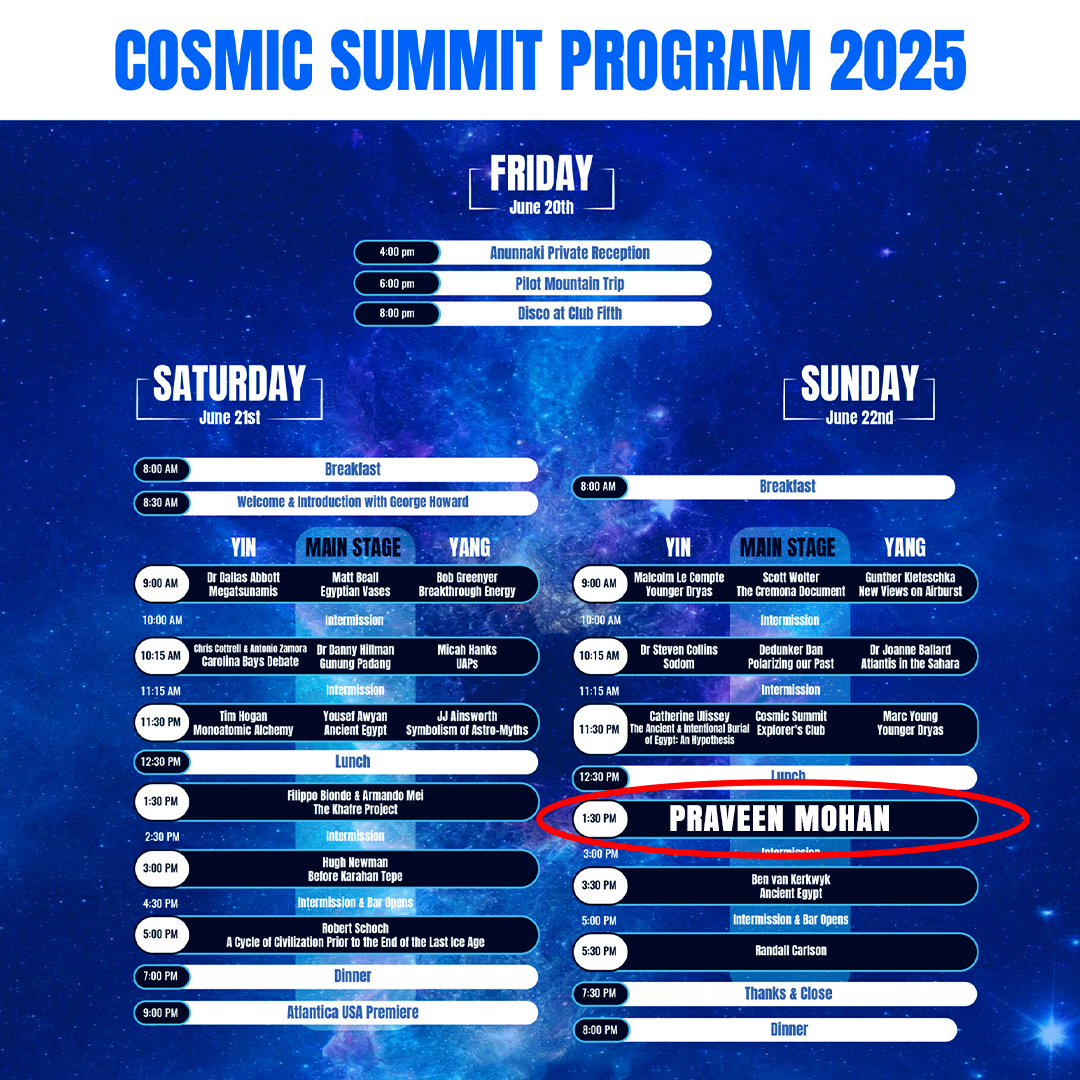 cosmicsummit.com/cosmic-summit-…
Hey America, I’m coming back to North Carolina on June 20th for the Cosmic Summit 2025! I’ll be presenting some EXCLUSIVE information on Ancient Indian Technology. After the presentation, I’ll meet you in person for a quick chat.