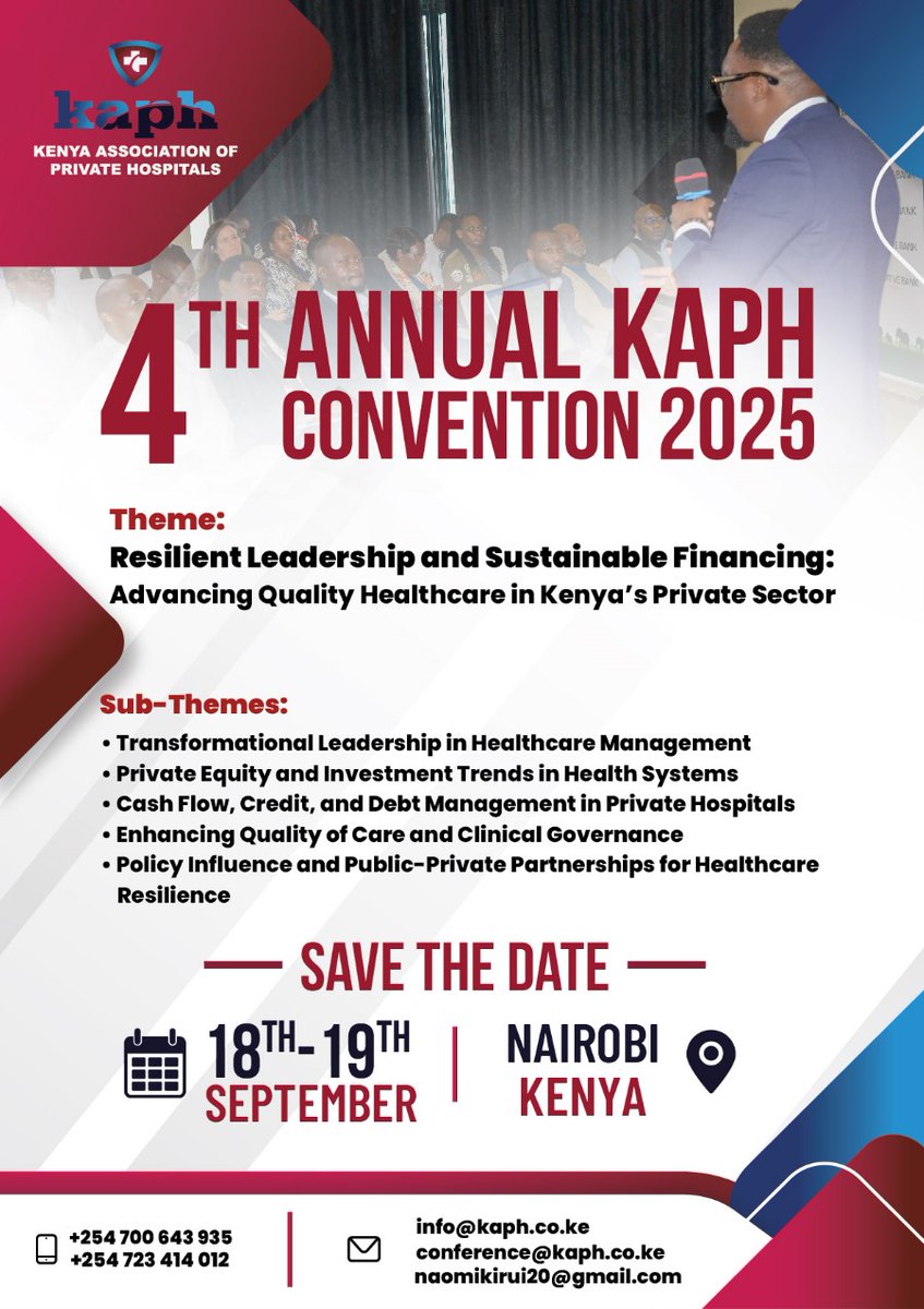 The 4th Annual KAPH Convention 2025 is loading🔥
📅 18–19 September, Nairobi, Kenya
Theme: Resilient Leadership &amp; Sustainable Financing in Healthcare
Save the date. Shape the future.
#KAPH2025 #HealthcareLeadership #PrivateHealthKe #HealthFinancing #KenyaHealth