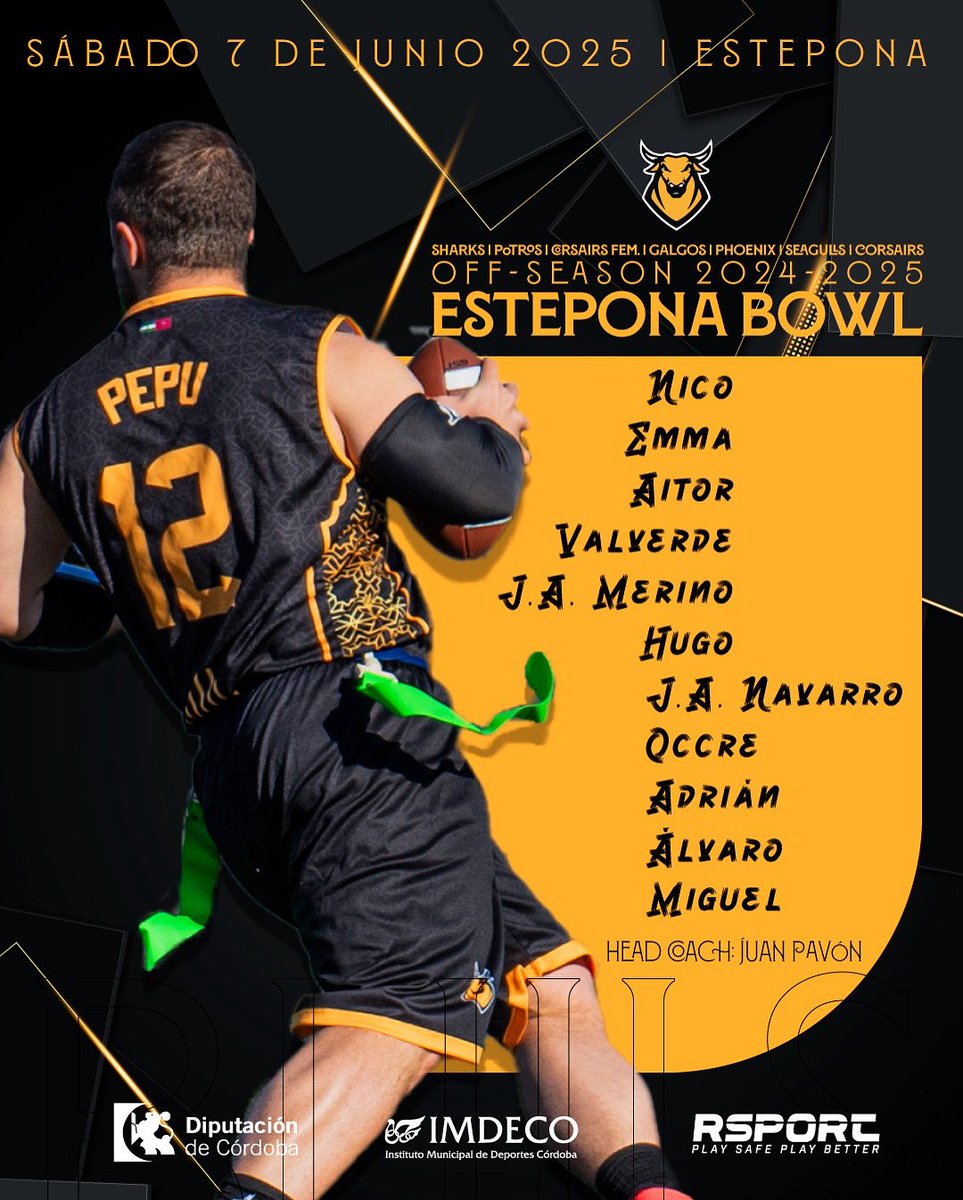Nos preparamos para competir en la Estepona Bowl el próximo sábado 7 de junio con un roster lleno de talento y compromiso. Estos son los jugadores que representarán a nuestro equipo en este primer desafío de la post-temporada.
<a href="/IMDECO_/">IMDECO</a> <a href="/FAFA_Andalucia/">FAFA</a> <a href="/FEFA_Spain/">FEFA</a>