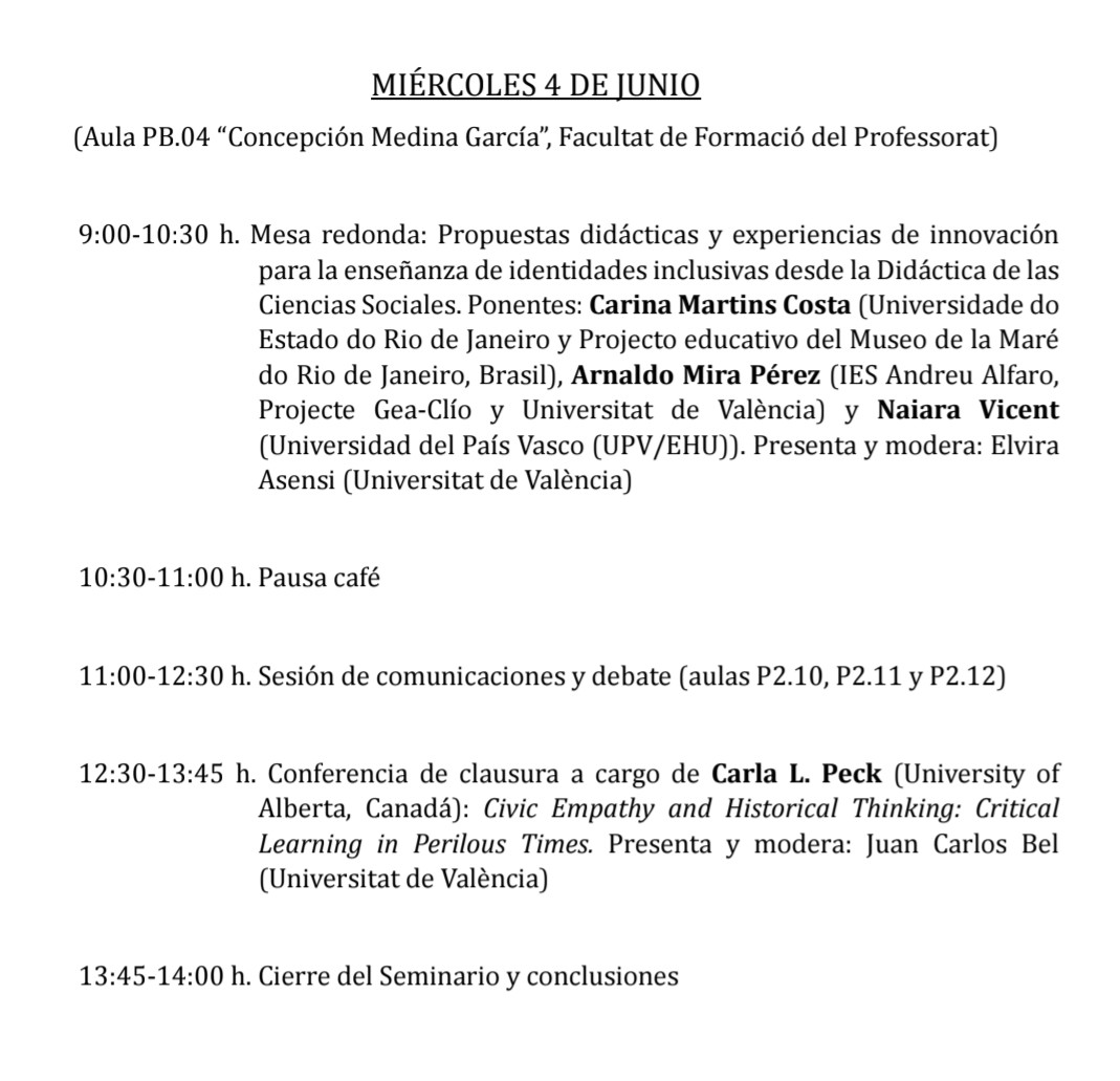 SOCIAL(S) (@socialsuv) on Twitter photo Continuamos con la segunda jornada del V Seminario Internacional Repensar la Didáctica de las Ciencias Sociales #VRepensarDCS en la Facultat de Formació del Professorat <a href="/UV_EG/">Universitat València</a> #INCLUCOM
Hoy tendremos mesas de comunicaciones, una mesa redonda y la conferencia de clausura 👇🏻👀 Continuamos con la segunda jornada del V Seminario Internacional Repensar la Didáctica de las Ciencias Sociales #VRepensarDCS en la Facultat de Formació del Professorat <a href="/UV_EG/">Universitat València</a> #INCLUCOM
Hoy tendremos mesas de comunicaciones, una mesa redonda y la conferencia de clausura 👇🏻👀