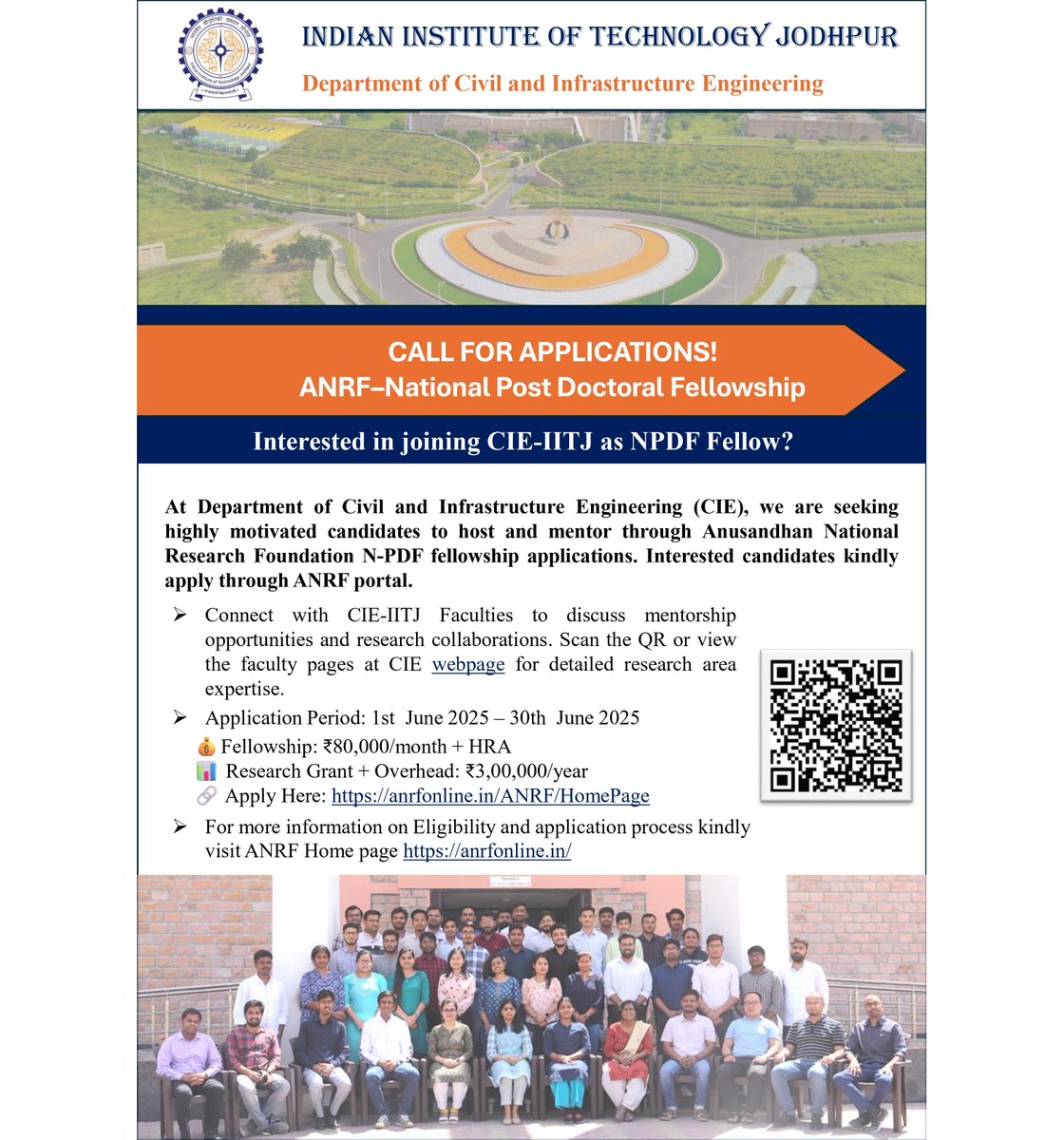 Civil & Infrastructure Engineering at IIT Jodhpur (@cieiitj) on Twitter photo ๐จ CALL FOR APPLICATIONS!
Join <a href="/iitjodhpur/">Indian Institute of Technology Jodhpur</a> (<a href="/cieiitj/">Civil & Infrastructure Engineering at IIT Jodhpur</a> ) as a Post-Doc under #ANRF N-PDF Fellowship
๐
Apply: 1โ30 June 2025
๐ฐ โน80K/month + HRA
๐ฌ โน3L/yr Research Grant
๐ค Connect with faculty for mentorship
๐ฅ Apply: anrfonline.in/ANRF/HomePage
#NPDF #IITJodhpur #PostDoc ๐จ CALL FOR APPLICATIONS!
Join <a href="/iitjodhpur/">Indian Institute of Technology Jodhpur</a> (<a href="/cieiitj/">Civil & Infrastructure Engineering at IIT Jodhpur</a> ) as a Post-Doc under #ANRF N-PDF Fellowship
๐
Apply: 1โ30 June 2025
๐ฐ โน80K/month + HRA
๐ฌ โน3L/yr Research Grant
๐ค Connect with faculty for mentorship
๐ฅ Apply: anrfonline.in/ANRF/HomePage
#NPDF #IITJodhpur #PostDoc