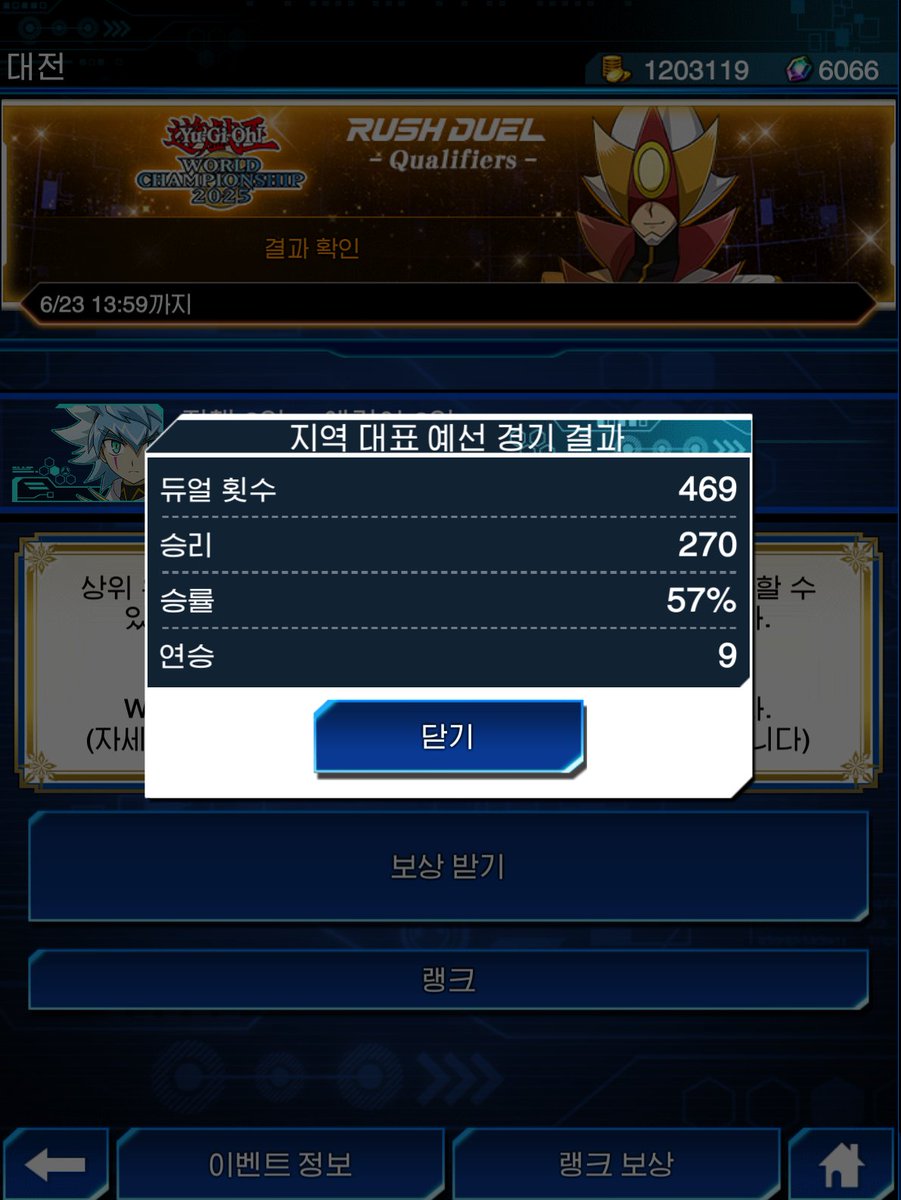 Rush Duel WCQ 

전체 3위

에리어 2위

아쉽게 막판에 역전 당해서 월챔 진출은 무산

그래도 후회는 없습니다

모두 고생 많으셨습니다!
