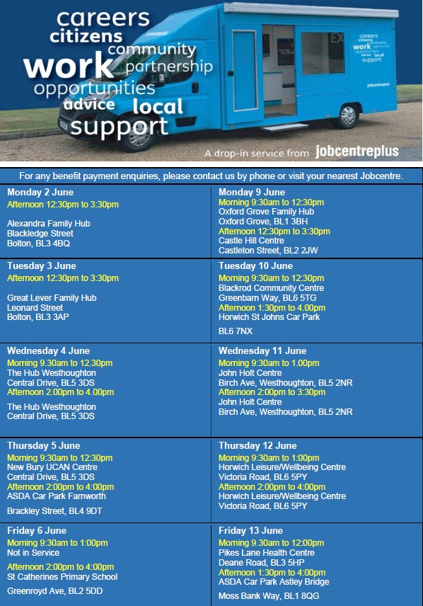 Want to find out more about career/employment opportunities? The JCP Alternative Delivery Van is offering a drop-in service at a car park near you! See flyer for dates/times. For benefit payment enquiries, please contact or visit your local job centre. 👉 bit.ly/4krZWpS