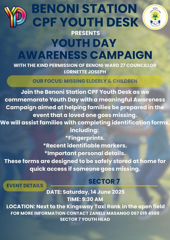 CPF_Sector7's tweet photo. Benoni Ward 73 CPF YOUTH DESK invites all families. In Kingsway❤️ #cpfward73 #policework #sayno https://t.co/qcQUXUfRvC