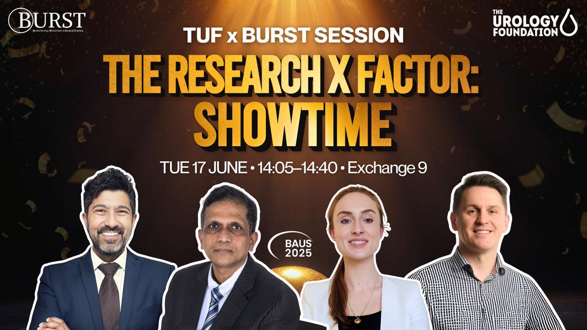 🚨 Showtime! Tue 17 June at #BAUS25 🚨

🎙️ THE RESEARCH X FACTOR - LIVE PITCHES 🥊

🕑 14:05-14:40 • Rapid-fire ideas ⚡️

👩‍⚖️ Judges: Rakesh Heer, Graeme Maclennan, Stefanie Croghan, Joe Philip

📍 Exchange 9

<a href="/BURSTurology/">BURST Urology</a> x <a href="/TUF_tweets/">TheUrologyFoundation</a>
<a href="/BAUSurology/">BAUS</a>

#BURSTatBAUS #UroSoMe