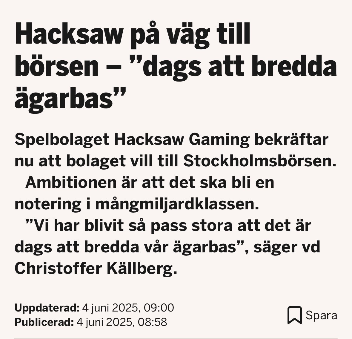 M1nvest's tweet image. 🚨JUST NOW: 

Hacksaw just confirmed they’re heading for the Stockholm Stock Exchange. A company I’d love to own — my #2 in slots after Pragmatic.

$EVO $IPO #igaming