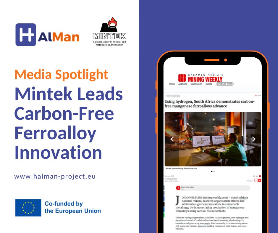 💡𝐼𝑛 𝑡ℎ𝑒 𝑀𝑒𝑑𝑖𝑎 | 𝐻𝐴𝑙𝑀𝑎𝑛 𝑆𝑝𝑜𝑡𝑙𝑖𝑔ℎ𝑡
<a href="/Mintek_RSA/">Mintek</a> carbon-free method for producing manganese ferroalloys is featured in Mining Weekly! A game-changer for green metallurgy, backed by the #HAlManProject &amp; #HorizonEU.
🔗 miningweekly.com/article/using-…