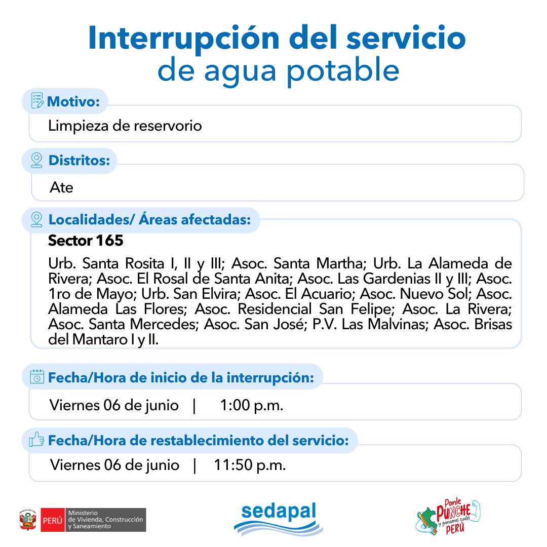 📝 Atención vecinos de #Ate, con el fin de mejorar la calidad del servicio, #Sedapal tiene trabajos programados para el 06 de junio por lo que se interrumpirá parcialmente el servicio de agua en algunos sectores. Más detalles aquí 👇#InterrupciónDelServicio