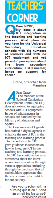 NCDCUg's tweet image. @NCDCUg recently responded to a question from a teacher from Manafwa on the integration of ICT in the teaching and learning process at the lower secondary school level. Thank you @newvisionwire