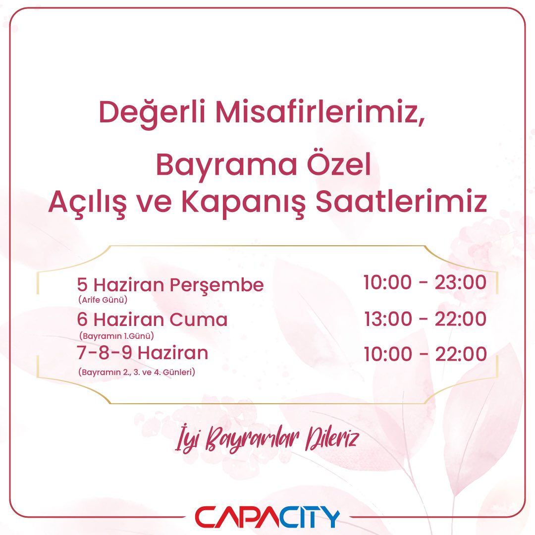 Değerli misafirlerimiz, bayrama özel açılış ve kapanış saatlerimizi bilginize sunar,keyifli alışverişler dileriz.✨

#bayramsaatleri #capacityavm