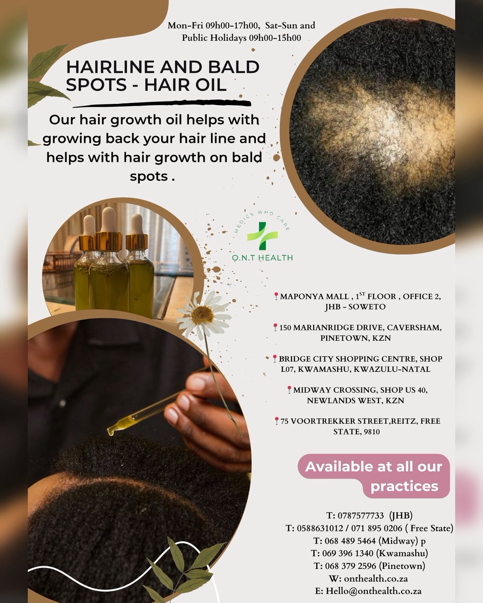 MedicsWhoCare's tweet image. Our hair growth oil helps with growing back your hair line and helps with hair growth on bald spots .
Available at all our practices
Operating hours: Mon-Fri 09h00-17h00, Sat-Sun and Public Holidays 09h00-15h00
By Dr O.N Vilakazi @OlwethuVilakazi
