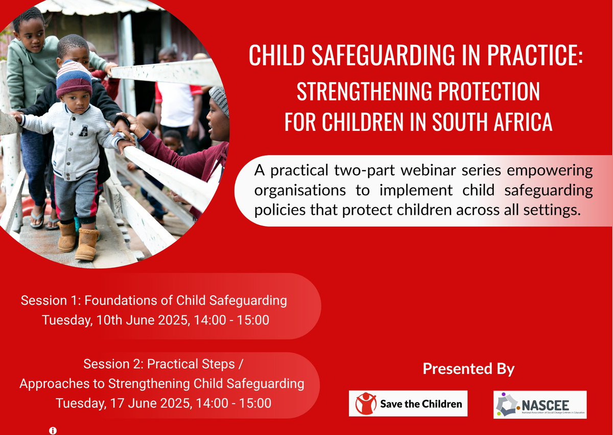SaveChildrenSA's tweet image. Child protection is a year-round commitment! 🚨 Join our 2-part webinar series (June 10th &amp;amp; 17th) to learn practical tools &amp;amp; strategies to safeguard children in SA. Register now to create a safer environment for all children: zfrmz.com/cYdhzcIzJhZzGQ… #ChildProtectionWeek2025