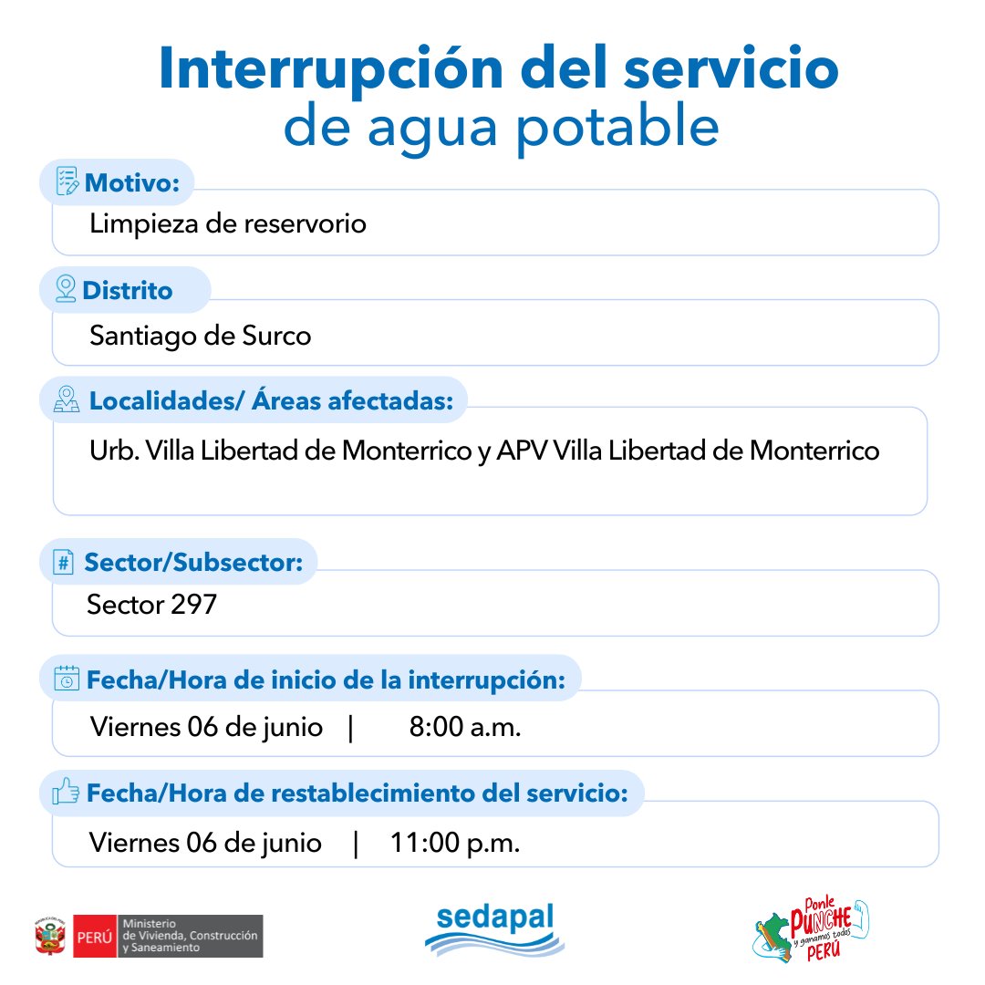📝 Atención vecinos de #SantiagoDeSurco, con el fin de mejorar la calidad del servicio, #Sedapal tiene trabajos programados para el 06 de junio por lo que se interrumpirá parcialmente el servicio de agua en algunos sectores. Más detalles aquí 👇#InterrupciónDelServicio