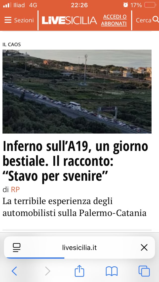 Sulla A19 Palermo-Catania puoi guidare per 149 ore e sei sempre tra Bagheria E  Casteldaccia

(E il governo dirotta 800 mln per la manutenzione delle strade in Sicilia alle altre regioni, con la connivenza silenziosa dei deputati siciliani di destra)