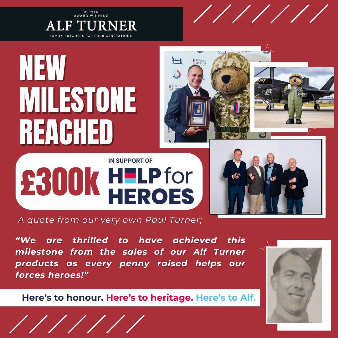 I am thrilled to announce that we have now raised £303,564.32 for <a href="/HelpforHeroes/">Help for Heroes</a> from the sale of Alf Turner products .
So huge thanks to you our customers for your continued support over the years and that has enabled us to make a difference to our forces heroes lives.
