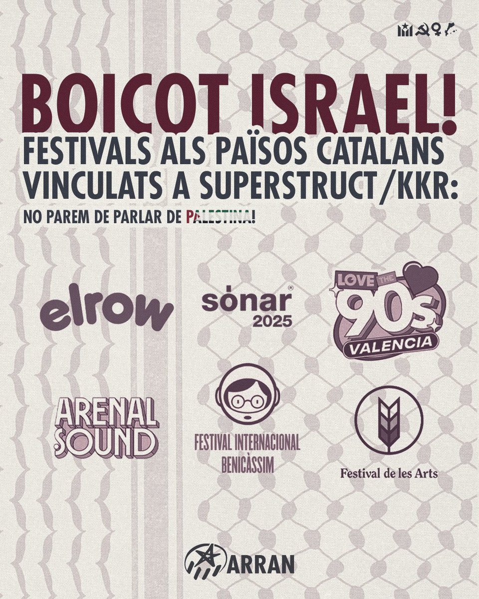 🇵🇸 CAP EXCUSA AMB QUI FINANÇA EL GENOCIDI!

Festivals als Països Catalans vinculats a Superstruct/KKR, el fons d'inversió que inverteix en fabricants d'armes i ciberseguretat israeliana.

#BoicotIsrael! No parem de parlar de Palestina ✊🏽