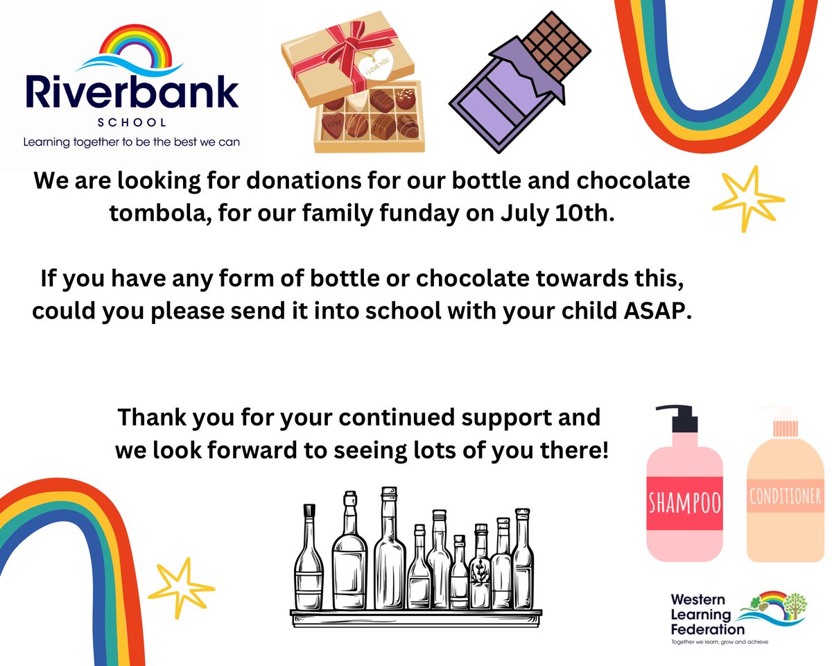 Riverbank School (@riverbanksch) on Twitter photo We’re running a Bottle & Chocolate Tombola and we need your help ! 🍾🍫
If you have any spare bottles (alcoholic or not!) or chocolate treats you’d like to donate, we’d love to have them. Every little bit helps make our event a sweet success!
<a href="/CardiffWestern/">Western Learning Federation</a> We’re running a Bottle & Chocolate Tombola and we need your help ! 🍾🍫
If you have any spare bottles (alcoholic or not!) or chocolate treats you’d like to donate, we’d love to have them. Every little bit helps make our event a sweet success!
<a href="/CardiffWestern/">Western Learning Federation</a>