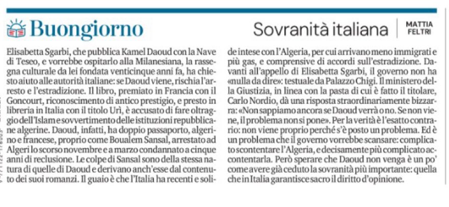 Lia Quartapelle (@liaquartapelle) on Twitter photo Chi decide cosa in Italia è reato di opinione?Su <a href="/LaStampa/">La Stampa</a> <a href="/mattiafeltri/">mattia feltri</a> fa una domanda cruciale sulla situazione dello scrittore algerino <a href="/daoud_kamel/">kamel DAOUD</a> che rischia di non partecipare a <a href="/LaMilanesiana/">La Milanesiana ideata da Elisabetta Sgarbi</a> perché condannato in Algeria per reati di opinione. Speriamo il governo risponda Chi decide cosa in Italia è reato di opinione?Su <a href="/LaStampa/">La Stampa</a> <a href="/mattiafeltri/">mattia feltri</a> fa una domanda cruciale sulla situazione dello scrittore algerino <a href="/daoud_kamel/">kamel DAOUD</a> che rischia di non partecipare a <a href="/LaMilanesiana/">La Milanesiana ideata da Elisabetta Sgarbi</a> perché condannato in Algeria per reati di opinione. Speriamo il governo risponda