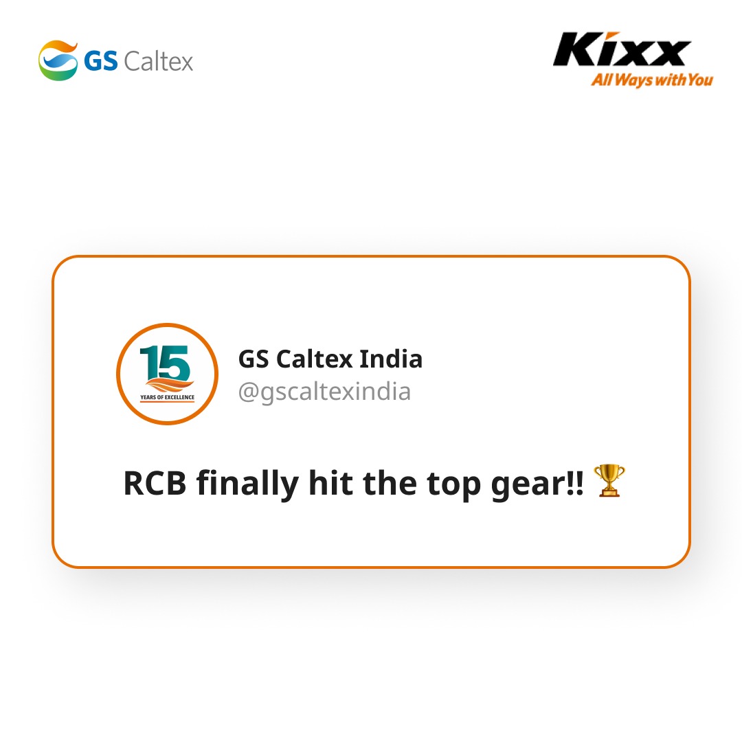 gscaltexindia's tweet image. Champions are made over time—through grit, grind, and relentless belief. Congratulations Team @RCBTweets on your maiden victory after 18 long years. This one’s for the fans who never gave up. 

#RCBChampions #KixxIndia #EngineeredToEndure #PerformanceMatters #FuelTheJourney