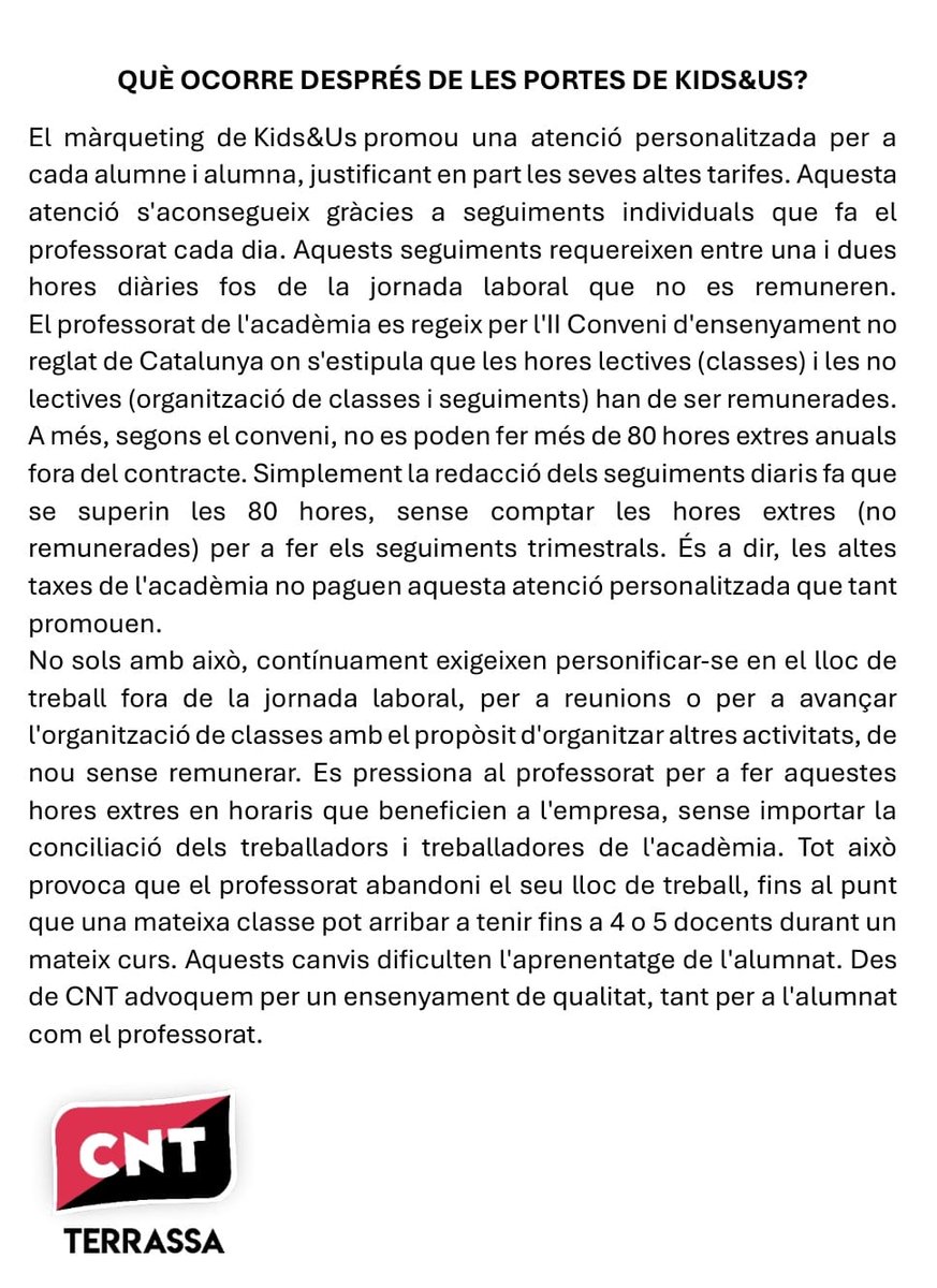 Ahir vam estar repartint octavetes a Santa Perpètua de la Mogoda per denunciar la situació de frau i abús de les treballadores de l'empresa Kids&amp;Us.

Contra els abusos patronals i els incompliments de conveni ens hi trobaran amb força i ganes!