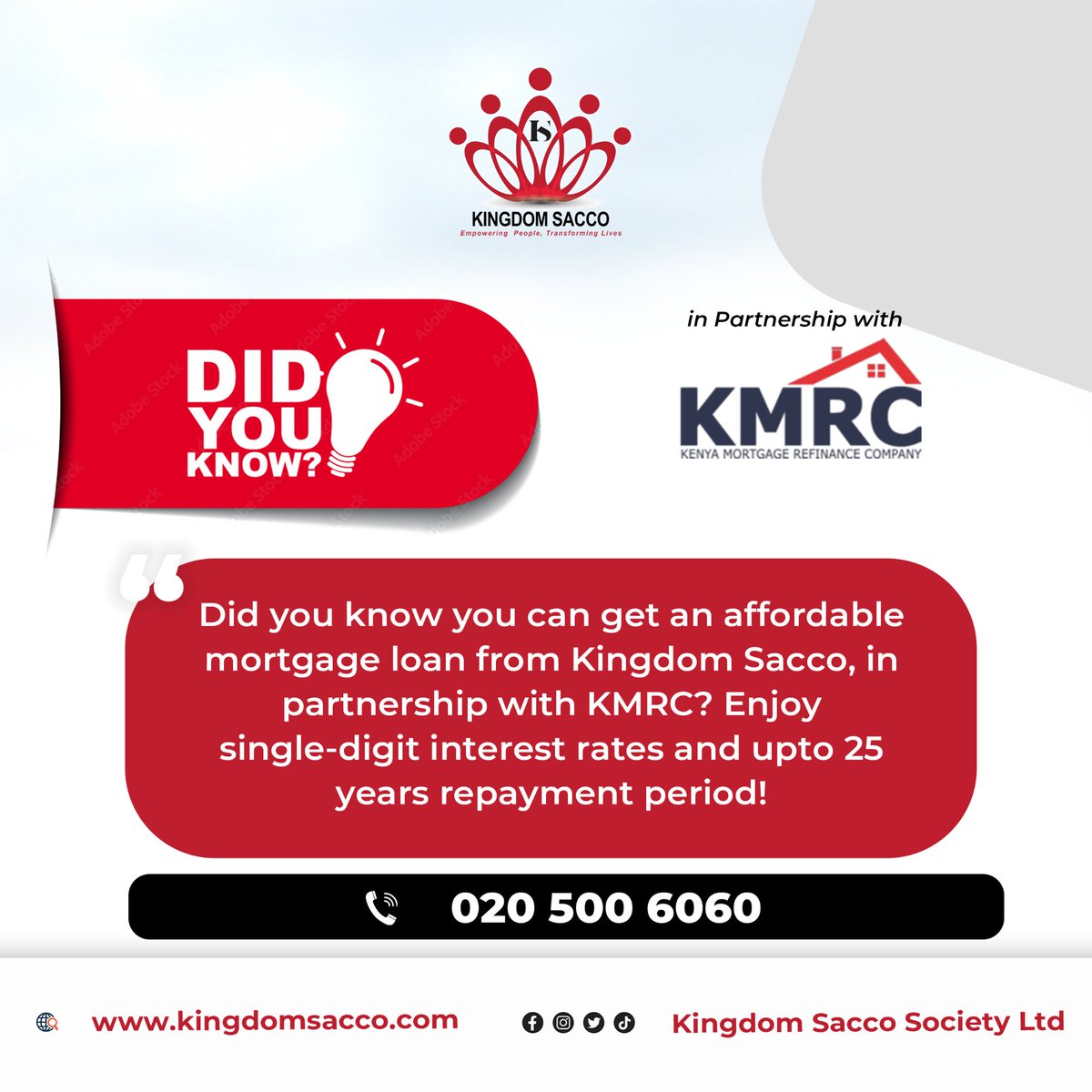 Enjoy the benefits of affordable mortgage financing from Kingdom Sacco, in partnership with KMRC:

1. Single-digit interest
2. Up to 25 years repayment
3. Flexible &amp; affordable terms
4. Own your home, stress-free

#Kingdomsacco #AffordableHousing #KMRC #AffordableHousing