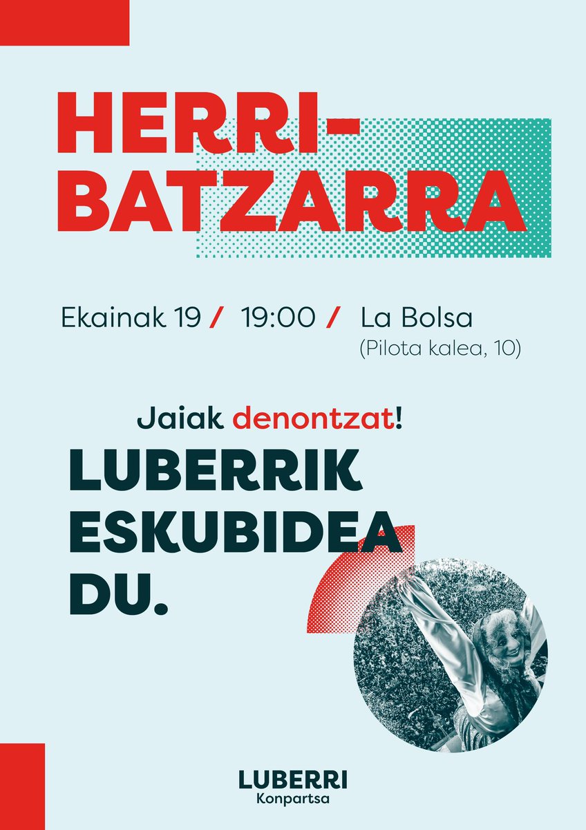 HERRI BATZARRA
 
Luberriren egoera azaltzeko, zalantzak argitzeko eta irtenbideari buruz hausnartzeko batuko gara, eta dei egiten dugu bertan parte hartzera.

Jaiek denontzat izan behar dutelako, Luberrik ere eskubidea du Konpartsetan egoteko.