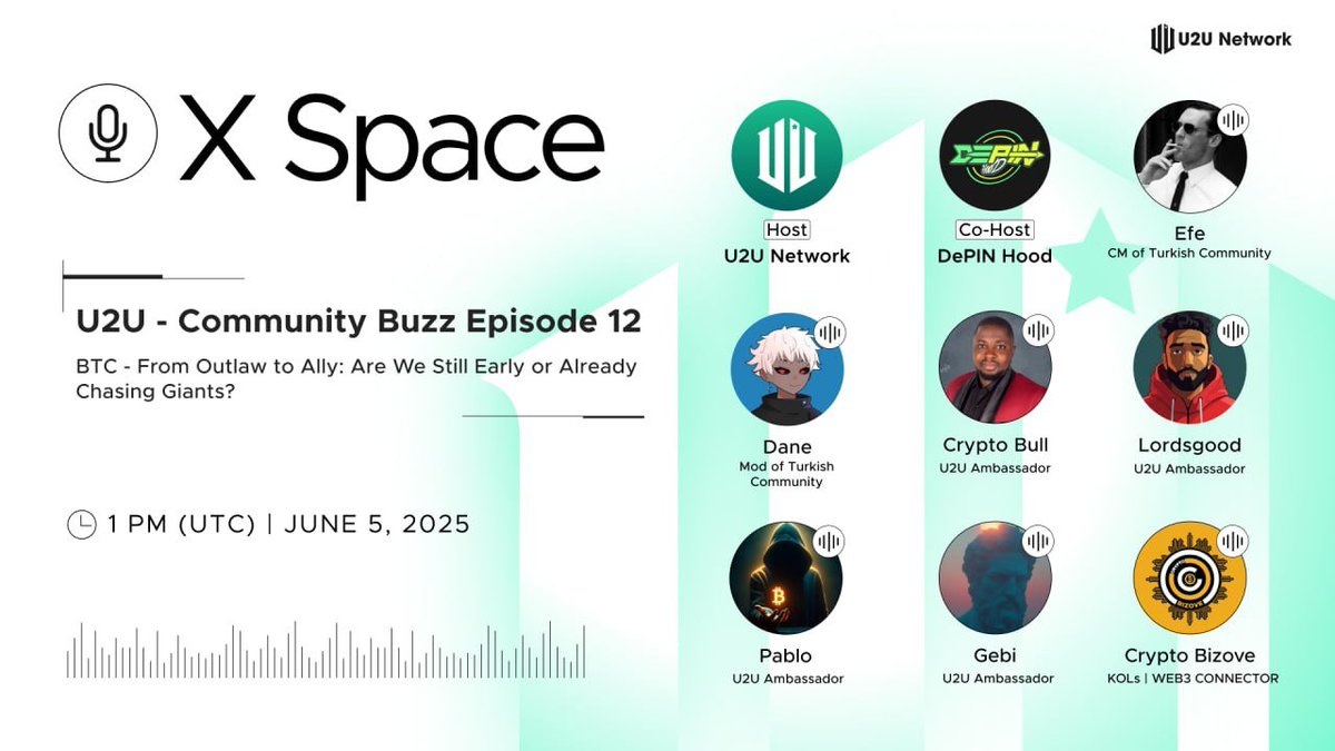 U2U Network (@u2u_xyz) on Twitter photo U2U - Community Buzz Episode 12
Topic: BTC - From Outlaw to Ally: Are We Still Early or Already Chasing Giants?
Host: <a href="/u2u_xyz/">U2U Network</a>
Co-Host: <a href="/depin_hood/">DePIN Hood</a>
Space: x.com/i/spaces/1kvJp…
Speaker:
Efe - CM of Turkish Community <a href="/efeeth_/">Efe</a>
Dane - Mod of Turkish Community <a href="/Iam_Danegro/">Iam_Danegro (Ø,G) 👑♟️</a> U2U - Community Buzz Episode 12
Topic: BTC - From Outlaw to Ally: Are We Still Early or Already Chasing Giants?
Host: <a href="/u2u_xyz/">U2U Network</a>
Co-Host: <a href="/depin_hood/">DePIN Hood</a>
Space: x.com/i/spaces/1kvJp…
Speaker:
Efe - CM of Turkish Community <a href="/efeeth_/">Efe</a>
Dane - Mod of Turkish Community <a href="/Iam_Danegro/">Iam_Danegro (Ø,G) 👑♟️</a>
