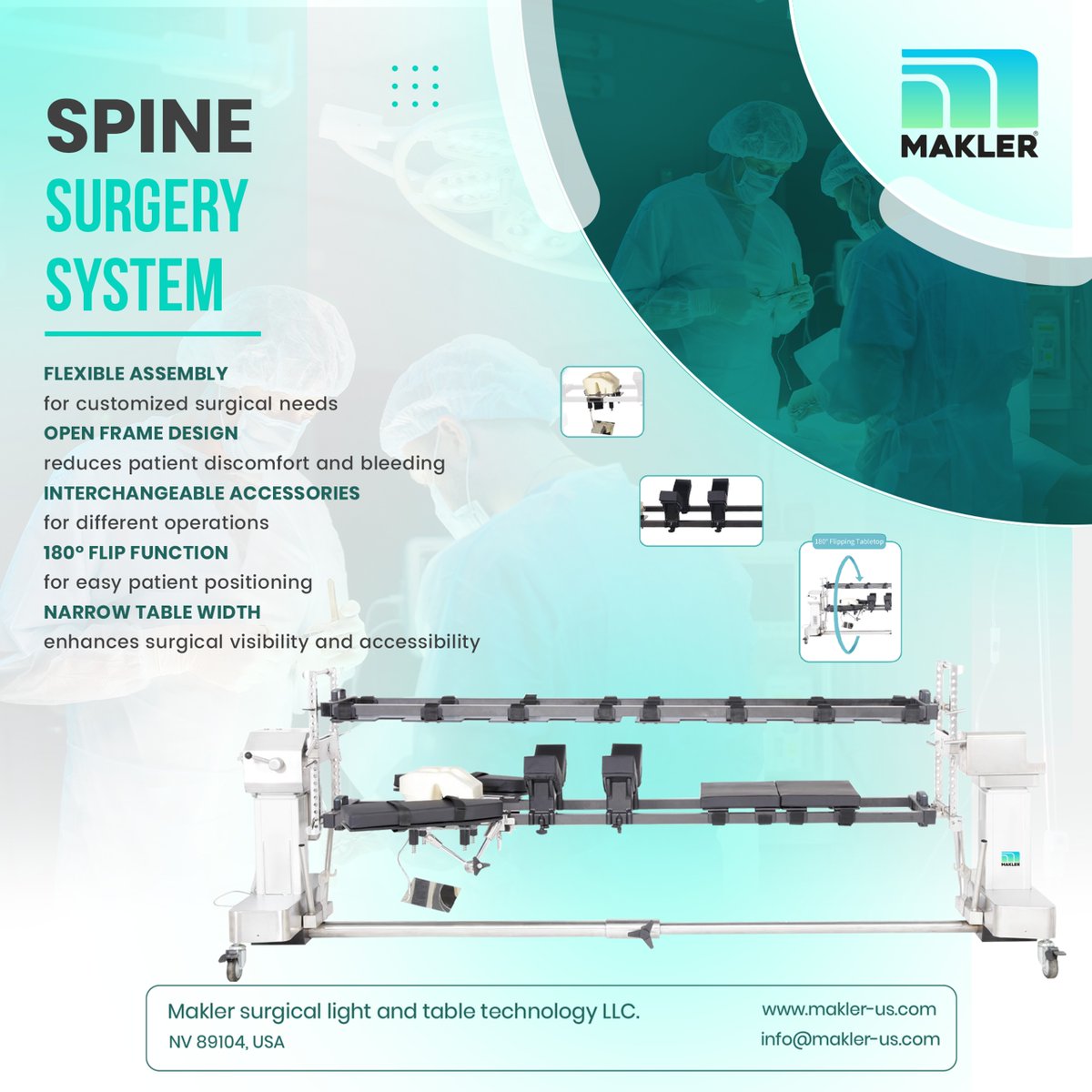 Maklermedical's tweet image. Makler Spine Surgery System:
Engineered for precision &amp;amp; flexibility in spinal procedures.
- Modular assembly
- Open-frame comfort
- 180° flip for positioning
- Enhanced visibility
#Makler #SpineSurgery #ORTech #SurgicalInnovation #MedicalDevices