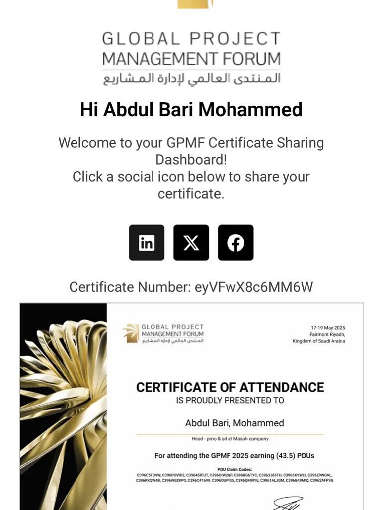 Heartiest congratulations Engr. Abdul Bari Mohammed  for attending the Global Project Management Forum GPMF 2025 and earning 43.5 PDUs