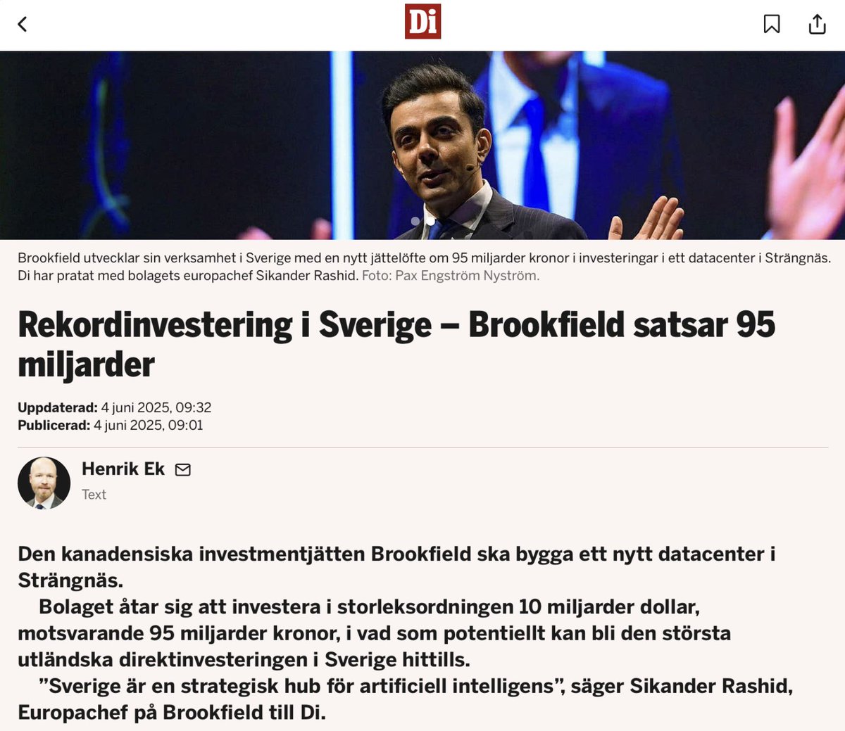 En av de största AI-investeringarna i Sveriges historia – 95 miljarder kronor från Brookfield i ett nytt datacenter i Strängnäs.

Sverige är på väg att bli en verklig kraft inom framtidens AI-infrastruktur.