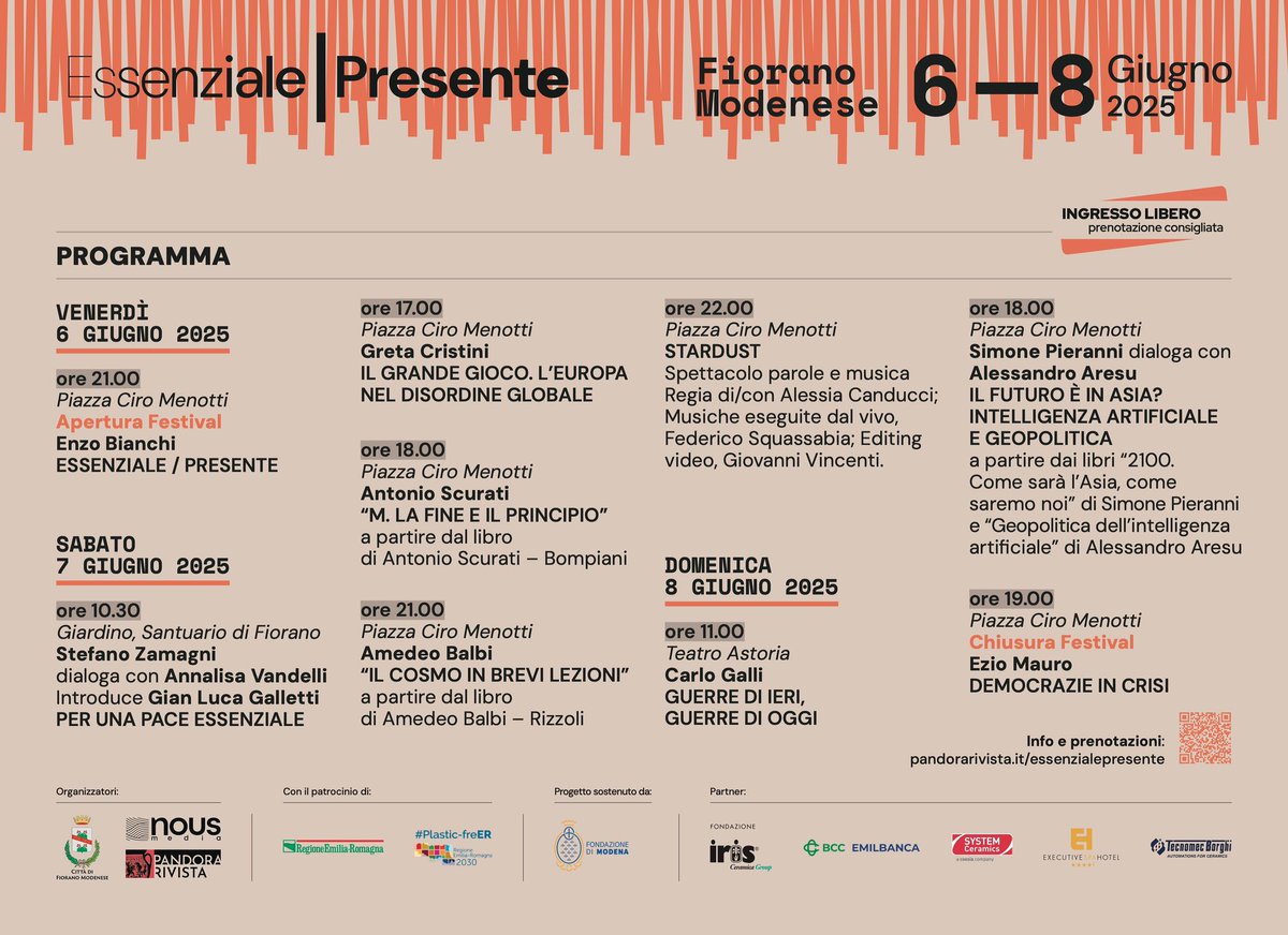 Pandora Rivista (@pandorarivista) on Twitter photo Dal venerdì 6 a domenica 8 giugno a Fiorano Modenese arriva Essenziale / Presente. 9 incontri e dialoghi con Scurati, Bianchi, <a href="/eziomauro/">Ezio Mauro</a>, <a href="/Greta_Cristini/">Greta Cristini</a>, <a href="/amedeo_balbi/">Amedeo Balbi</a>, <a href="/simopieranni/">Simone Pieranni</a>, <a href="/alearesu/">Alessandro Aresu</a>, Galli, Zamagni, Vandelli. Programma e registrazioni: pandorarivista.it/essenzialepres… Dal venerdì 6 a domenica 8 giugno a Fiorano Modenese arriva Essenziale / Presente. 9 incontri e dialoghi con Scurati, Bianchi, <a href="/eziomauro/">Ezio Mauro</a>, <a href="/Greta_Cristini/">Greta Cristini</a>, <a href="/amedeo_balbi/">Amedeo Balbi</a>, <a href="/simopieranni/">Simone Pieranni</a>, <a href="/alearesu/">Alessandro Aresu</a>, Galli, Zamagni, Vandelli. Programma e registrazioni: pandorarivista.it/essenzialepres…