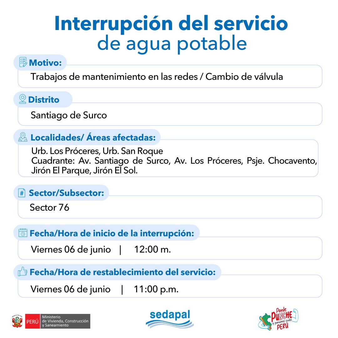 📝 Atención vecinos de #SantiagoDeSurco, con el fin de mejorar la calidad del servicio, #Sedapal tiene trabajos programados para el 06 de junio por lo que se interrumpirá parcialmente el servicio de agua en algunos sectores. Más detalles aquí 👇#InterrupciónDelServicio