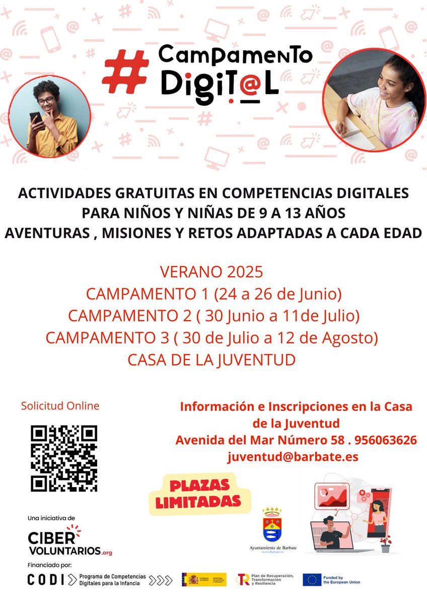 Seguimos recogiendo inscripciones para los tres campamentos digitales de verano.
 Actividad gratuita para niños de 9 a 13 años.
Información e inscripciones en la Casa de la juventud
 Solicitudes online forms.gle/bDFhxAf1M6TKZJ…