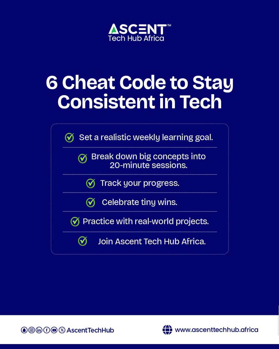 AscentTechHub's tweet image. Learning tech isn’t a race; it’s a rhythm and consistency beats intensity every time

Ready to start your tech journey?

Consistency &amp;gt; intensity.
Learn smart, stay focused, grow fast.

Take the first step: ascenttechhub.africa

#1MillonMinusOne #AscentTechHub #AfricaInTech
