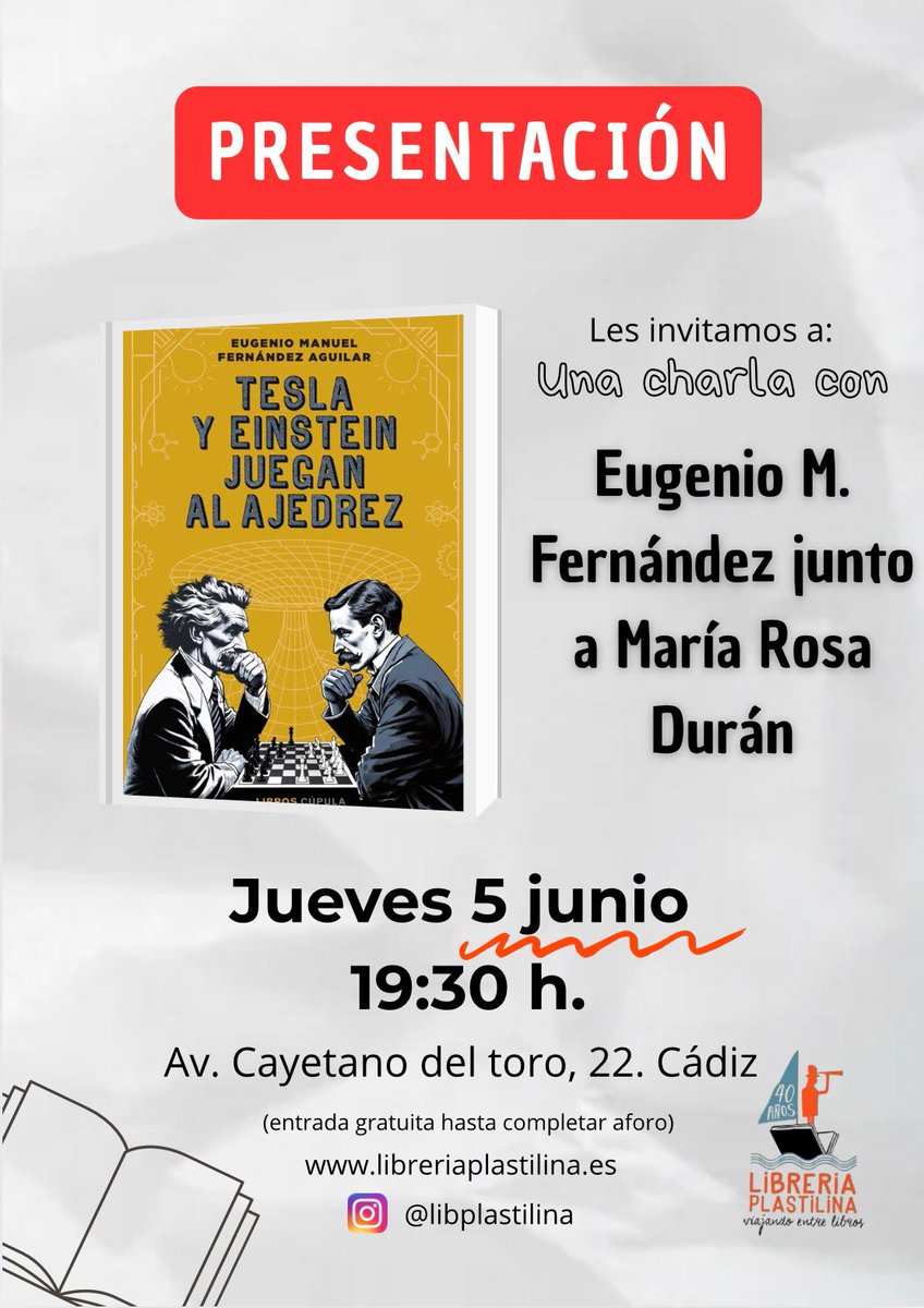 Eugenio Manuel Fernández Aguilar (@eugeniomanuel) on Twitter photo Mañana 5 de junio a las 19:30 h estaré en la Librería Plastilina de Cádiz junto a <a href="/MaraRos35401264/">María Rosa Durán</a> para hablar de 'Tesla y Einstein juegan al ajedrez'. Se podra ver en directo por IG de la librería.
<a href="/LibrosCupula/">Libros Cúpula</a> <a href="/Planetadelibros/">Planetadelibros.com</a> Mañana 5 de junio a las 19:30 h estaré en la Librería Plastilina de Cádiz junto a <a href="/MaraRos35401264/">María Rosa Durán</a> para hablar de 'Tesla y Einstein juegan al ajedrez'. Se podra ver en directo por IG de la librería.
<a href="/LibrosCupula/">Libros Cúpula</a> <a href="/Planetadelibros/">Planetadelibros.com</a>