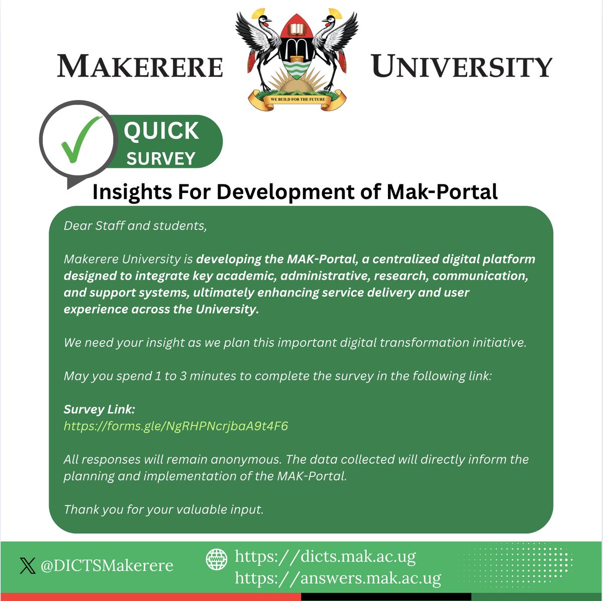 Directorate For ICT Support - Makerere University (@dictsmakerere) on Twitter photo #๐ฆ๐จ๐ฅ๐ฉ๐๐ฌ: ๐๐ป๐๐ถ๐ด๐ต๐๐ ๐๐ผ๐ฟ ๐๐ฒ๐๐ฒ๐น๐ผ๐ฝ๐บ๐ฒ๐ป๐ ๐ผ๐ณ ๐ ๐ฎ๐ธ-๐ฃ๐ผ๐ฟ๐๐ฎ๐น
Dear <a href="/Makerere/">Makerere University</a> staff and students,
We are doing a survey to enable us develop the Mak-Portal.
- Short survey.
Please click this link to share your valuable input. forms.gle/NgRHPNcrjbaA9tโฆ #๐ฆ๐จ๐ฅ๐ฉ๐๐ฌ: ๐๐ป๐๐ถ๐ด๐ต๐๐ ๐๐ผ๐ฟ ๐๐ฒ๐๐ฒ๐น๐ผ๐ฝ๐บ๐ฒ๐ป๐ ๐ผ๐ณ ๐ ๐ฎ๐ธ-๐ฃ๐ผ๐ฟ๐๐ฎ๐น
Dear <a href="/Makerere/">Makerere University</a> staff and students,
We are doing a survey to enable us develop the Mak-Portal.
- Short survey.
Please click this link to share your valuable input. forms.gle/NgRHPNcrjbaA9tโฆ