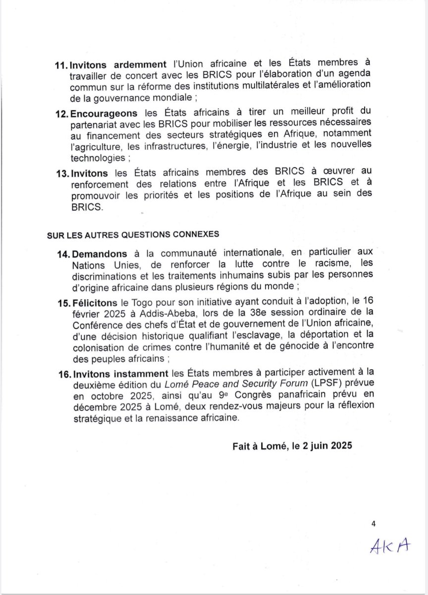 Déclaration de la troisième Conférence ministérielle de l'Alliance Politique Africaine (A.P.A), Lomé, le 02 juin 2025.