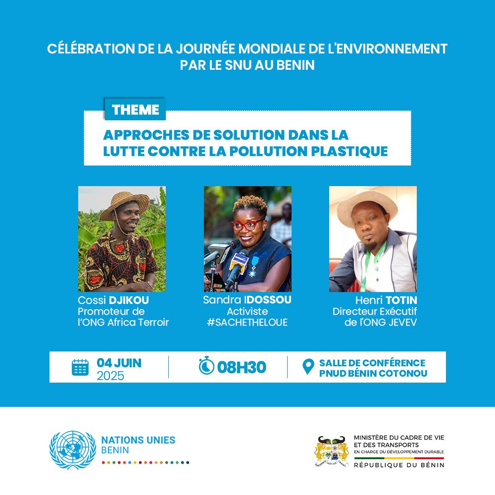 C’est parti !
La célébration de  la #JME2025 a démarré en ligne avec <a href="/UNBenin/">UN Benin</a> 
Thème : Mettre fin à la pollution plastique ♻️
💻 Rejoignez-nous maintenant pour des échanges 
undp.zoom.us/j/87553389431?…

#JME2025 #ZéroPlastique